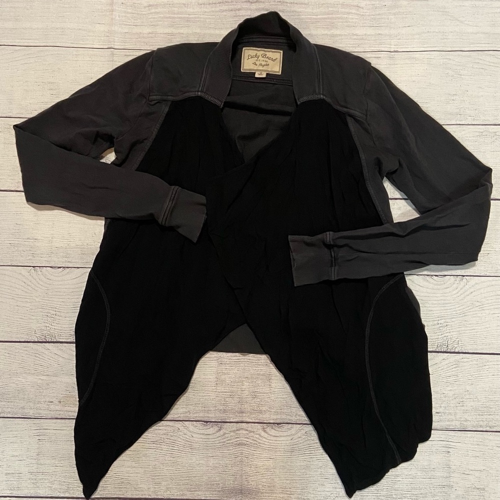 Lucky Brand Womens Open Front Waterfall Cardigan Sweater Size Small Gray Black
